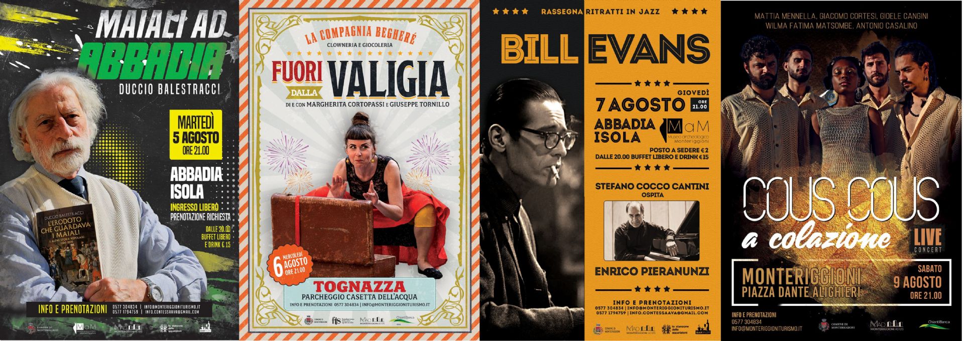 Locandine eventi Monteriggioni 5, 6, 7, 9 agosto 2025