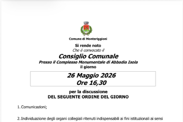 E' stato convocato il Consiglio Comunale presso il Complesso Monumentale di Abbadia Isola il giorno 26 Maggio alle ore 16.30.